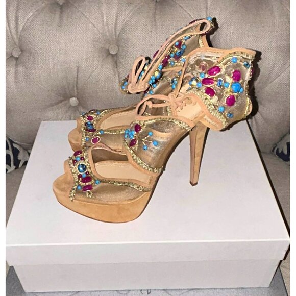 NIB $1795 Charlotte Olympia Safari Jewel Arizona Platform Sandals Tan Size 9 - Picture 4 of 8